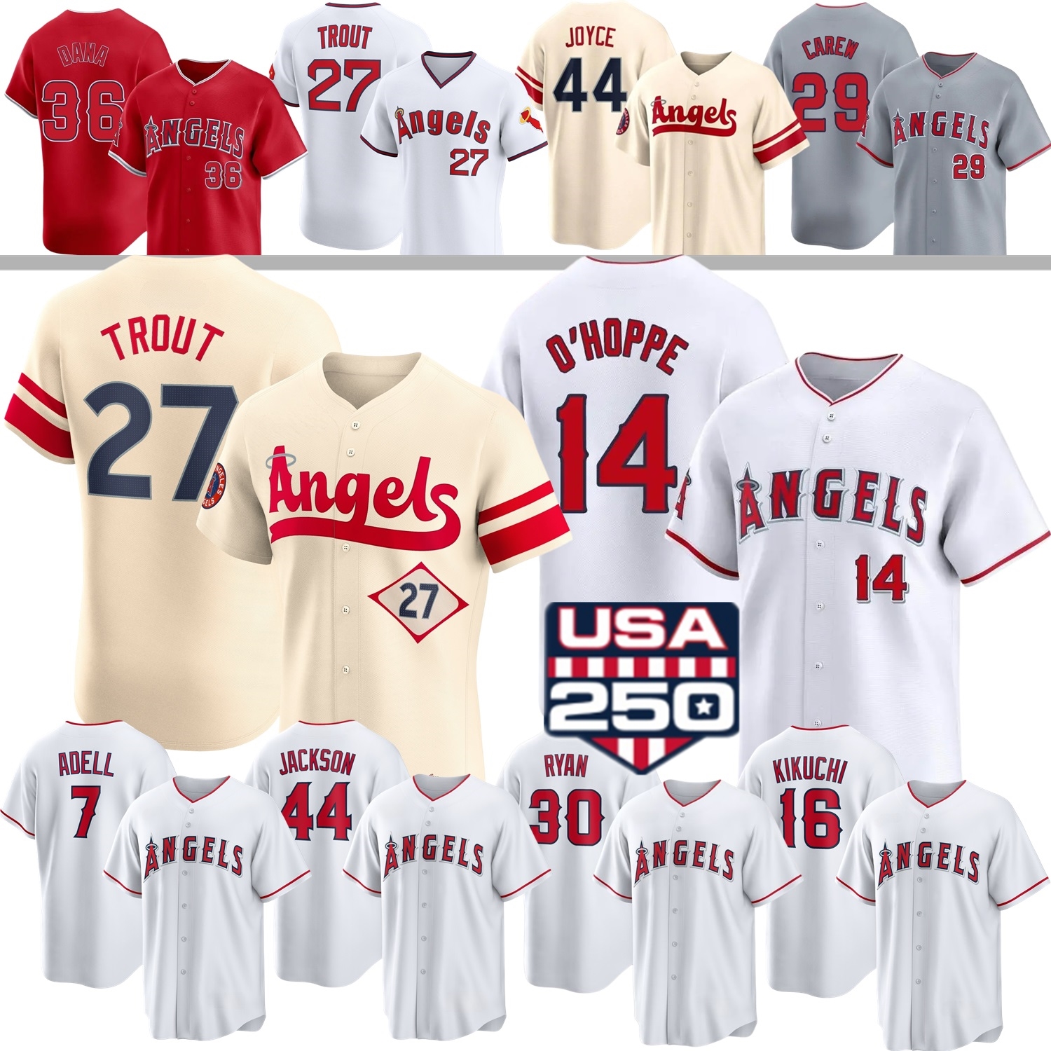 2026 LA Angels Baseball Jersey Mike Trout Logan O'Hoppe Caden Dana Zach Neto Nelson Rada Reggie Jackson Nolan Ryan Grayson Rodriguez Bremner Adell Yates Carew Rendon