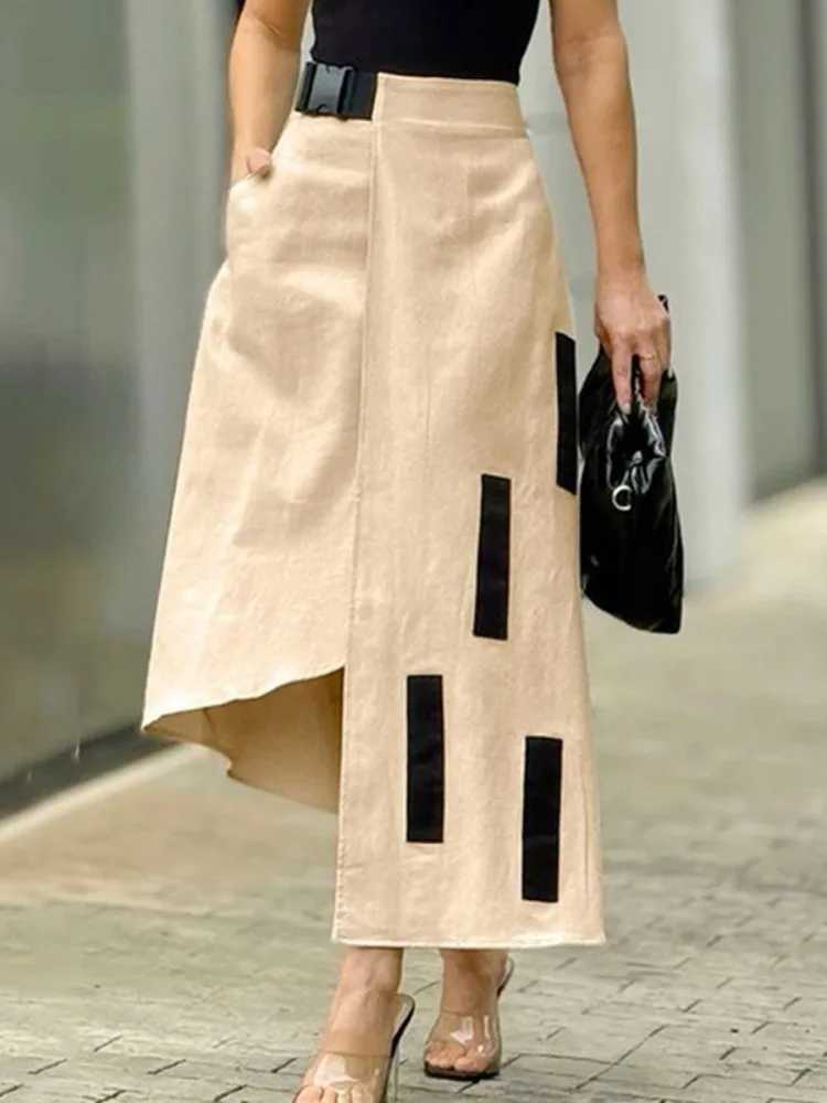 Womens Asymmetrical Midi Skirt Solid Color Block High Waist Functional Street Skirt 2026 Spring High Waist A-line Pleated Skirt M260316