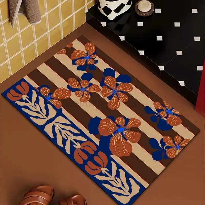 Retro Floral Diatom Mud Bath Mat Super Absorbent Fast Drying Bathroom Rug Non-Slip Soft Shower Carpet for Home Decor H260316