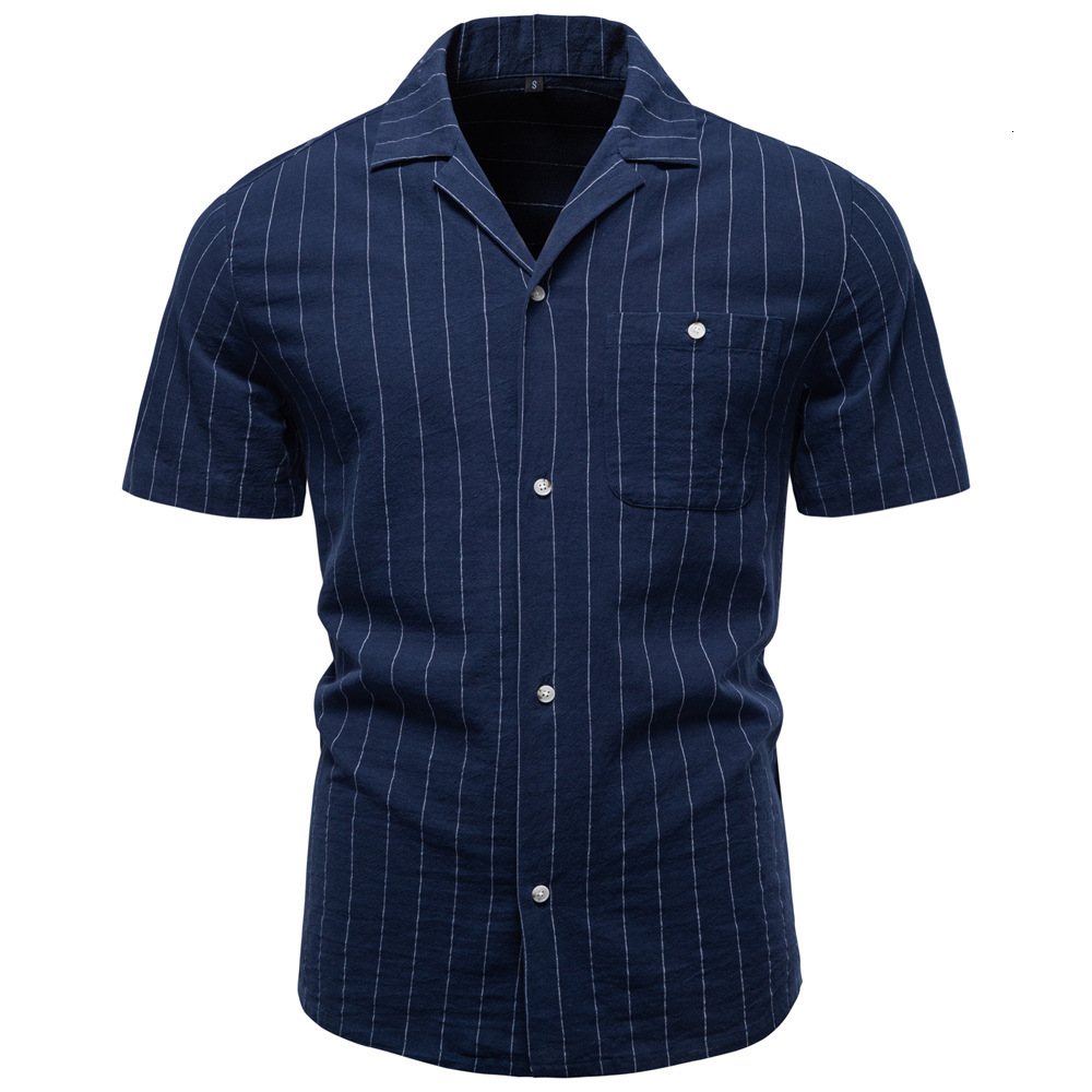 Shirt Summer Highquality Cotton Cuban Polo Collar Vertical Hoodie Stripe Shirt For Men Business Casual Men's Shortsleeve Shirt