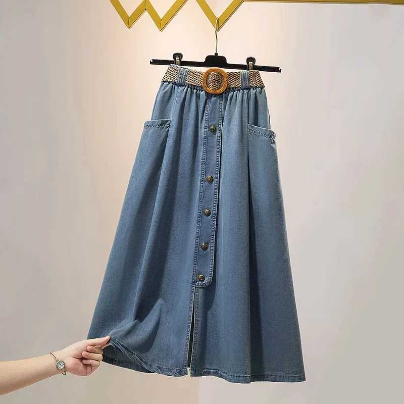 Summer Womens Denim Half Skirts 2024 New High Waist Slim Button Split Long Skirts Korean Fashion Loose A-line Midskirts M260316