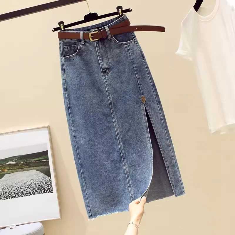 High waisted Denim Skirt Women Casual wear Spring/summer 2025 New Slim Split Buttocks wrapped A-line Skirts Female M260316