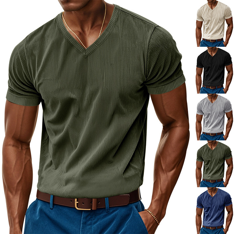Summer American Style Loose Casual Breathable Men's Vneck Skinfriendly Trendy Polo Hoodie Corduroy Shirt Short Sleeve