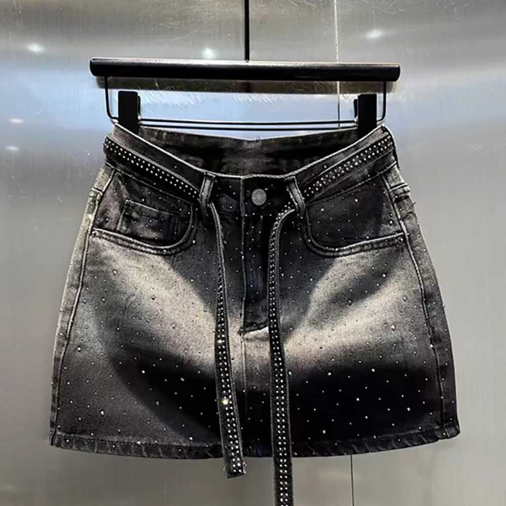 Oversize Retro Denim Mini Skirt for Women Summer High Waist Shiny Rivet Slim Skirts Gradient Black Grey Jean Skirts M260316