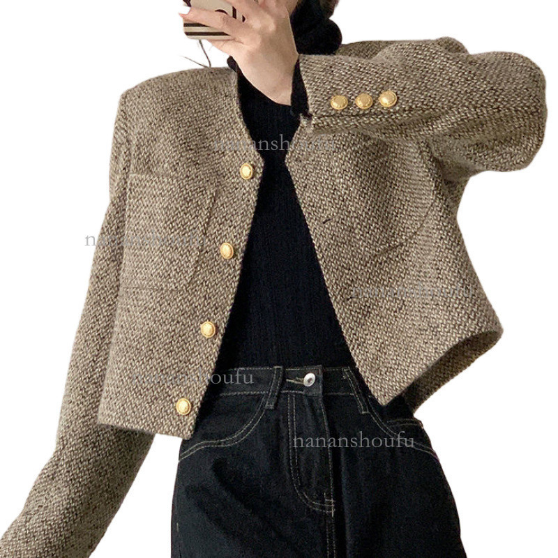 2026 French Style Single Breasted Designer Jacket Maillard Luxury Brown Women's Short Floral Long Sleeved Coat Elegant Fashion Essential Casual T