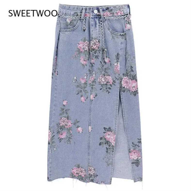 Streetwear Vintage Flowers Print Long Denim Skirts Summer 2021 High Waist Slim Sexy Open Split Straight Skirt Jeans Saias Female M260316
