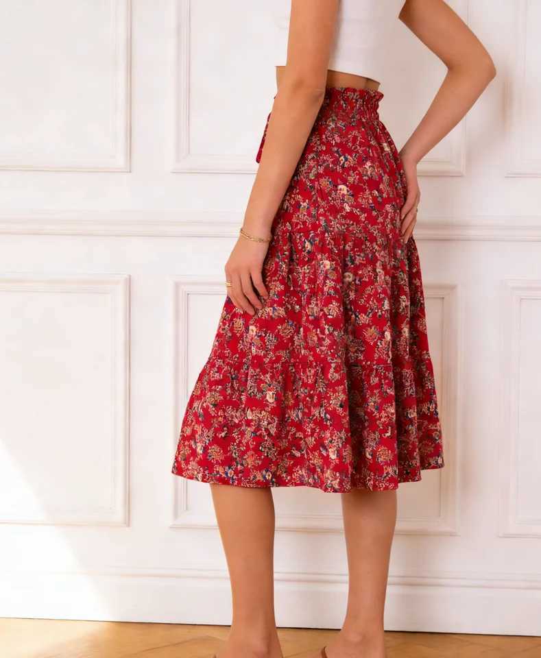 Womens Floral Tiered Midi Skirt Elegant a Line Half Skirt with Elastic Waistband Perfect for Spring Summer Casual Wear M260316