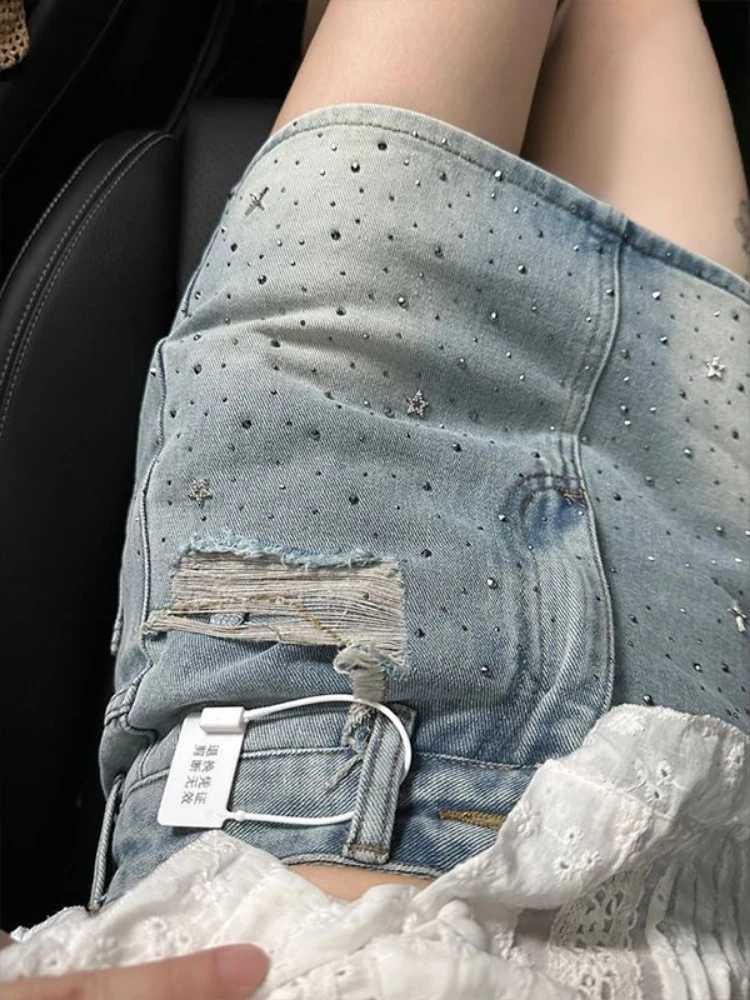 Vintage Denim Starry Skirts Women Mini Rhinestone A-line Korean Style Hot Spicy s Summer Streetwear Stylish 4XL Chic M260316