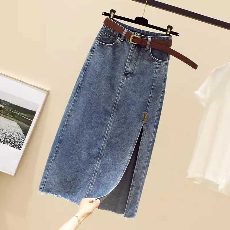 High waisted Denim Skirt Women Casual wear Spring/summer 2025 New Slim Split Buttocks wrapped A-line Skirts Female M260316