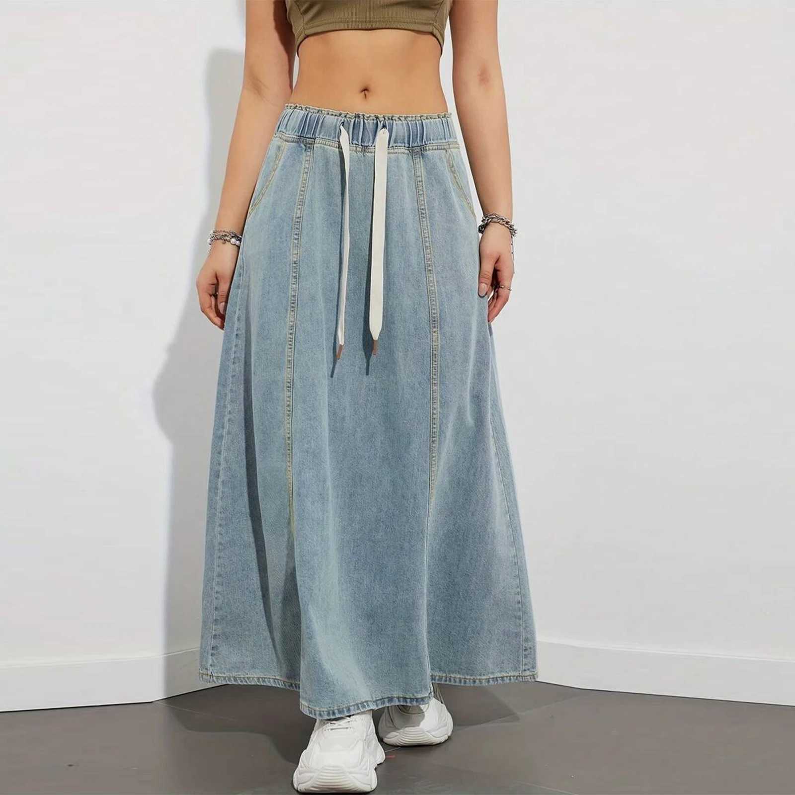 Fashion Womens Denim Long Skirts Elastic Drawstring High Waist A Line Flare Jean Skirt for Spring Fall Y2K Streetwear M260316