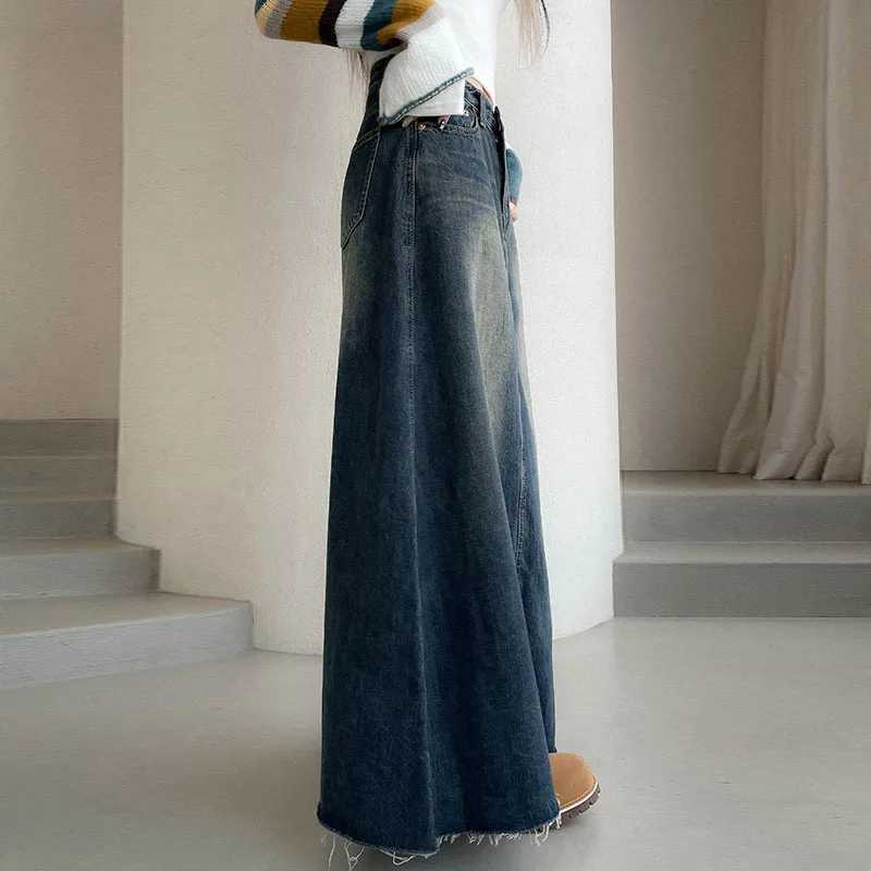 Lucyever Vintage Washing Denim Skirt for Women Y2K Aesthetic High Waisted Maxi Skirts Female Fashion Streetwear Long Jean Skirt M260316