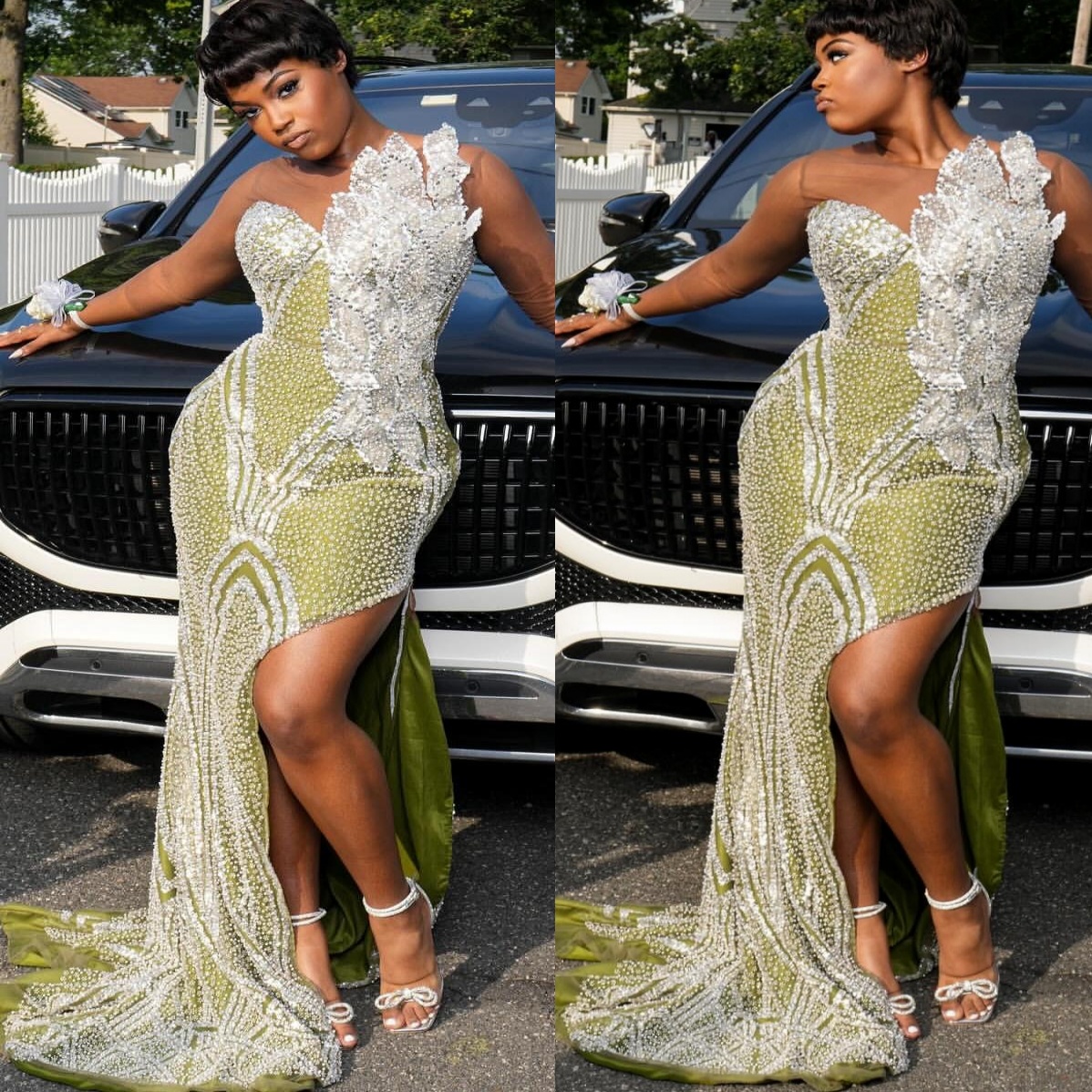 2K26 Olive Green Prom Dress 2026 Mermaid Prom Dress Sheer Neck Florals High Split Evening Dresses Birthday Party Formal Receiption Gowns Dresses ZJ063