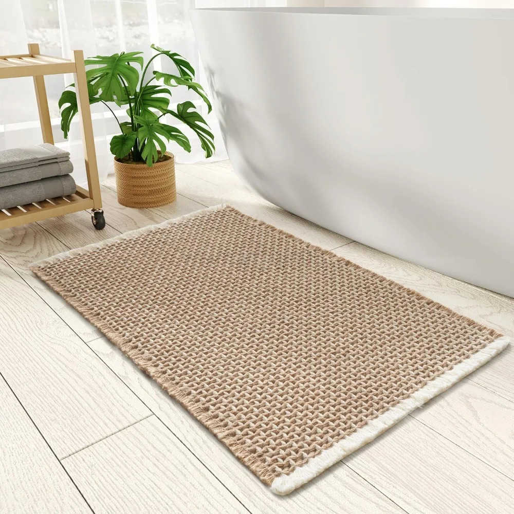 Checkered Bath Mat Super Absorbent Non Slip Bath Mats for Bathroom Floor 3D Two Tone Woven Bathroom Mat with Tassels Machine W H260316