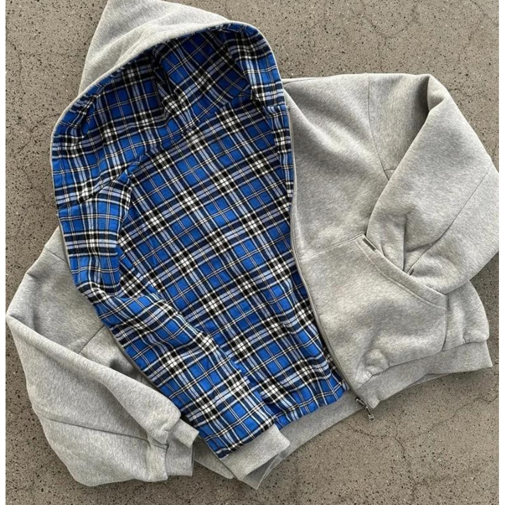 Men's Hoodies Sweatshirts Casual Reversible For Men Street Clothes Zip Up Hoodie Simple With Plaid Lining Solid Color Retro Sweatshirt Home Casua