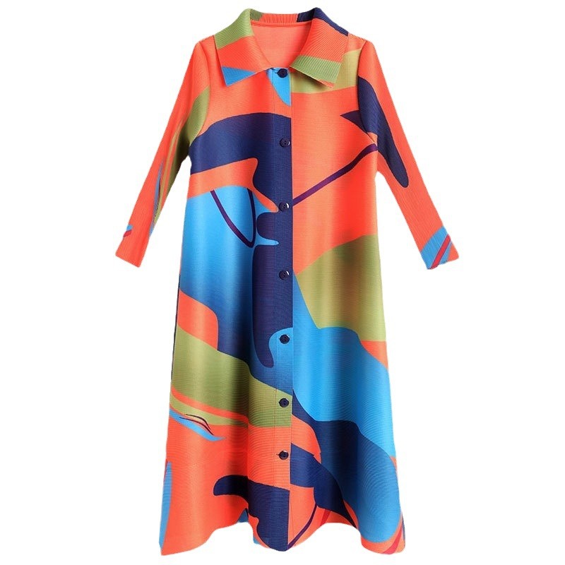 OC448M75 Women's Lolita Style Paisley Print Casual Dress Long Sleeve Button Down Open Front Wrinkle Detail Spring Autumn Coat Dress