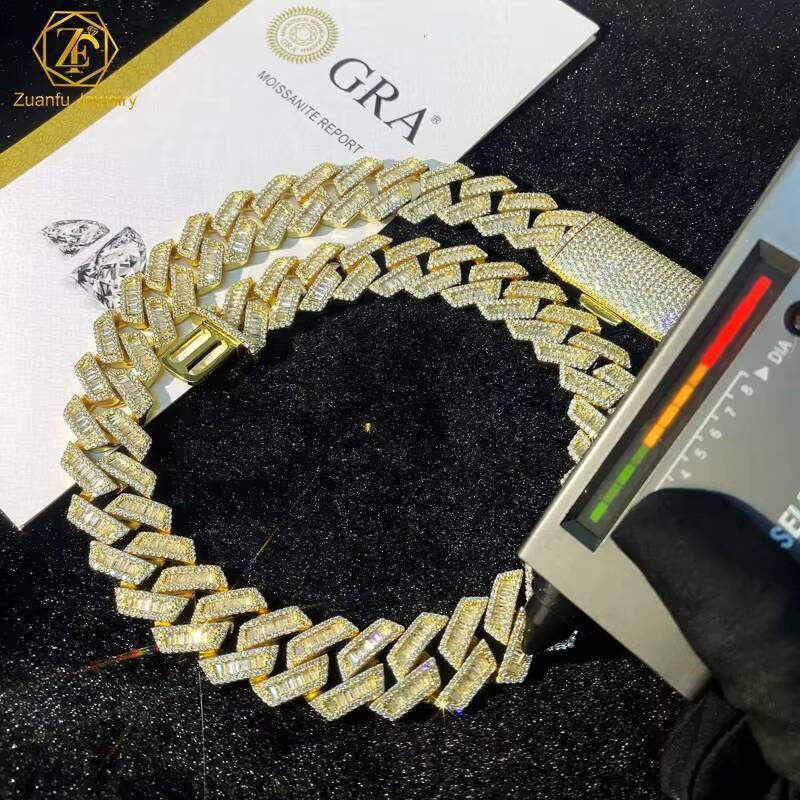 Luxury Big 20mm Hip Hop Baguette Moissanite Cuban Link Chain Gold Plated 925 Sterling Silver VVS Diamond Cuban Necklace