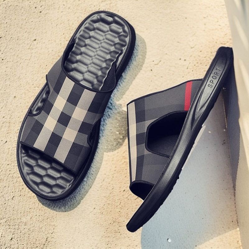 New Design Slippers 2026 Men's Plaid Pattern Comfort Slide Sandals Non-Slip Casual Slippers Size 38-44 Free Shipping