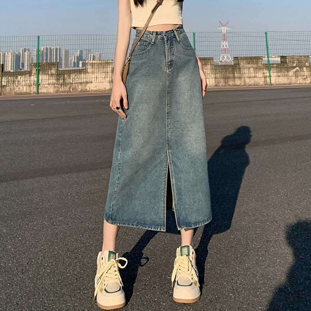 Summer Women High-waist Retro A- line Skirt Pockets Front Slit Washed Blue Denim Skirts Hip-covering Straight Long Jeans Skirt M260316