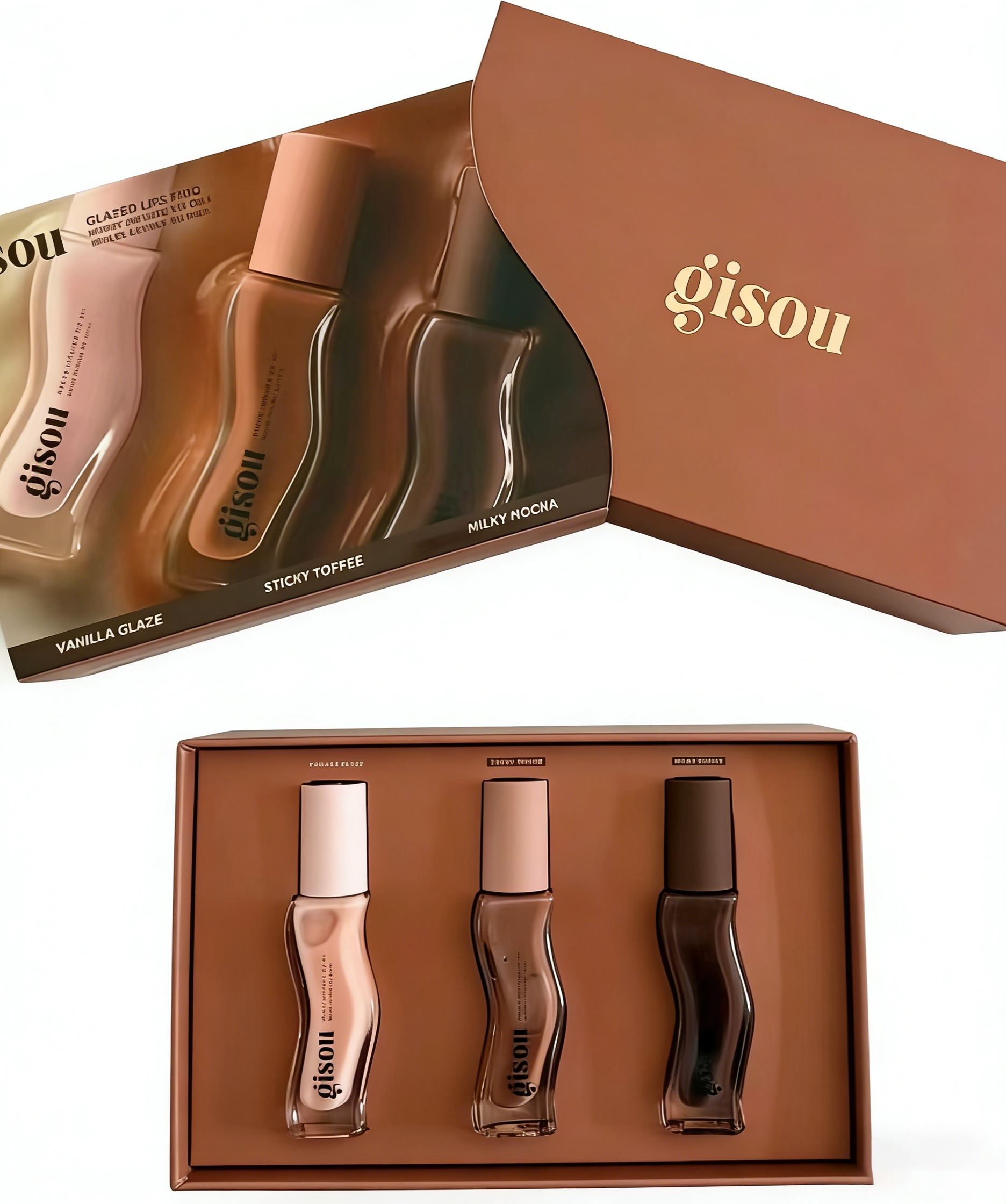Gisou Lip Glaze Gift Set 3 Pieces Glazed Lips Trio Honey Sticky Toffee Milky Mocha Vanilla Glaze Moisturizing High Quality