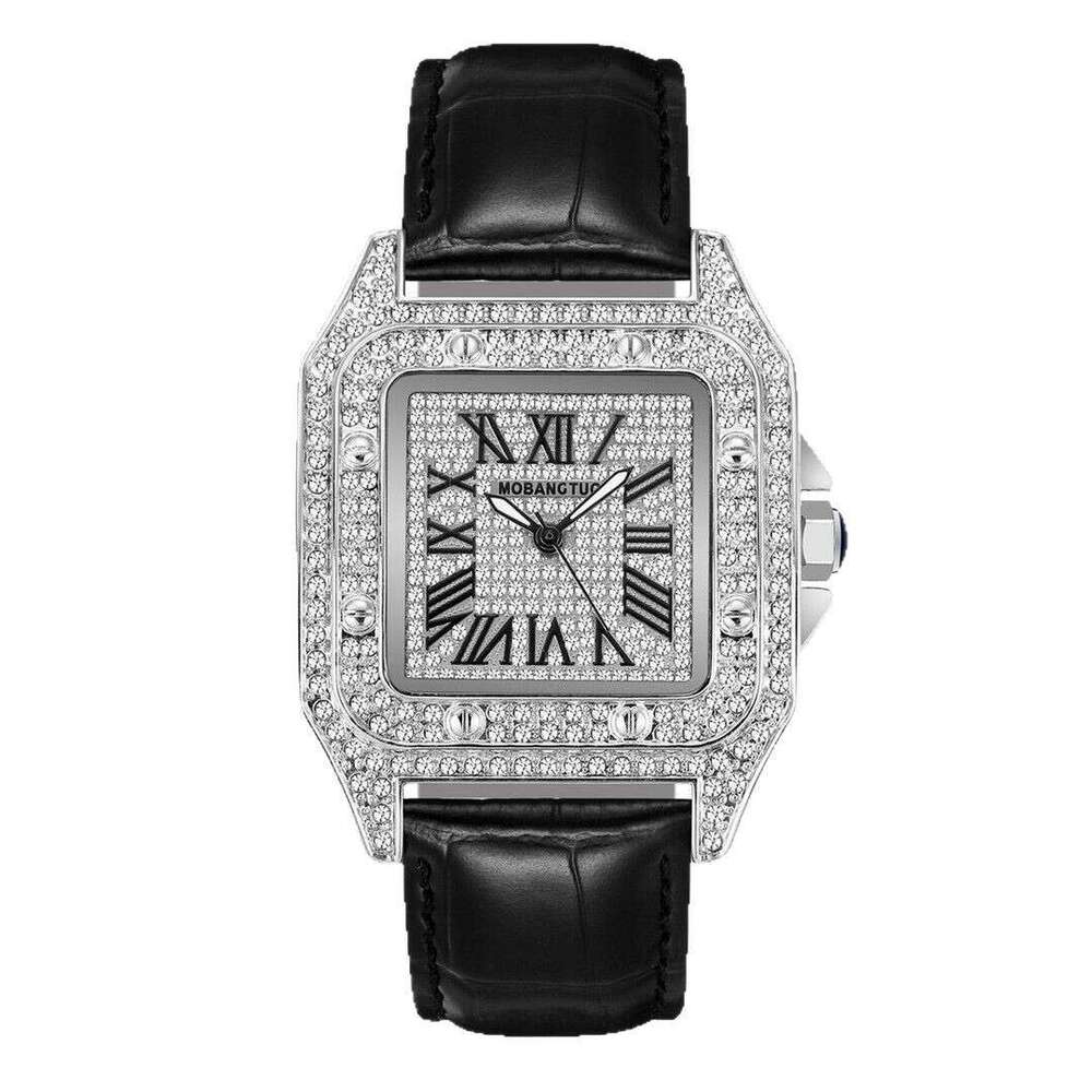 new model full diamond square watch, starry sky dial, large barrel-shaped men's watch Diamond-Studded Men's Watch Hip-Hop Wristwatch Waterpr