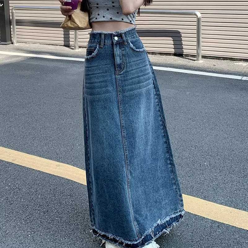 Summer Street Style Rough Edge Skirt Korean Version Women Retro Casual High-waisted A-line Skirt Temperament Loose Denim Skirts M260316