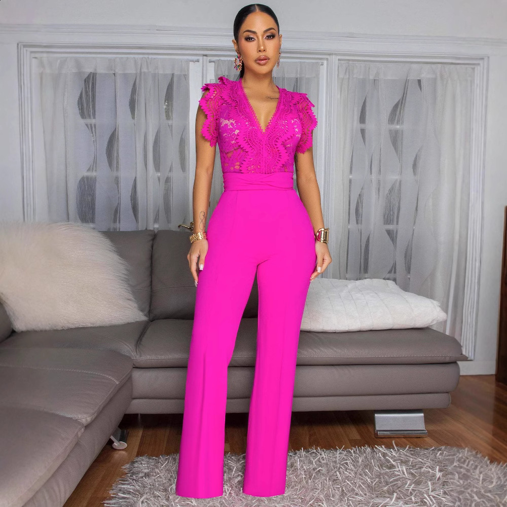 AJ4476 Womens Clothing Unique Line Lace Patchwork Sleeveless Sports Fitness Jumpsuit 241116