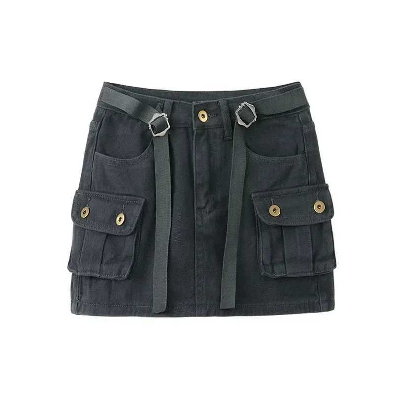 Khaki Cargo Denim Short dress Women American vintage A Word High Waist Skirt Gyaru Anti-exposure Hip-wrapped Culottes M260316