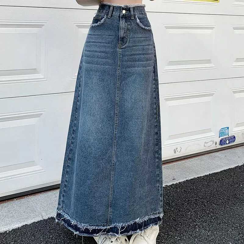 Summer Street Style Rough Edge Skirt Korean Version Women Retro Casual High-waisted A-line Skirt Temperament Loose Denim Skirts M260316