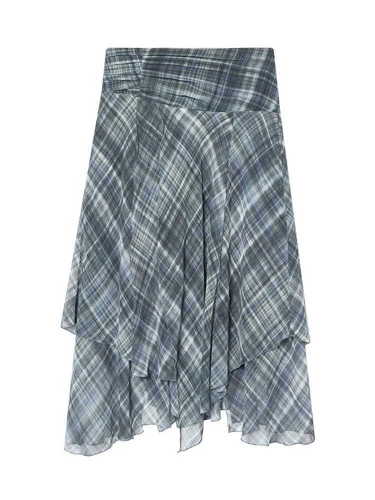 HH Women Vintage Plaid Midi Skirt Irregular Hem High Waist Pleated Skirts Female Casual Fashion High Street Lady Chic Skirts M260316