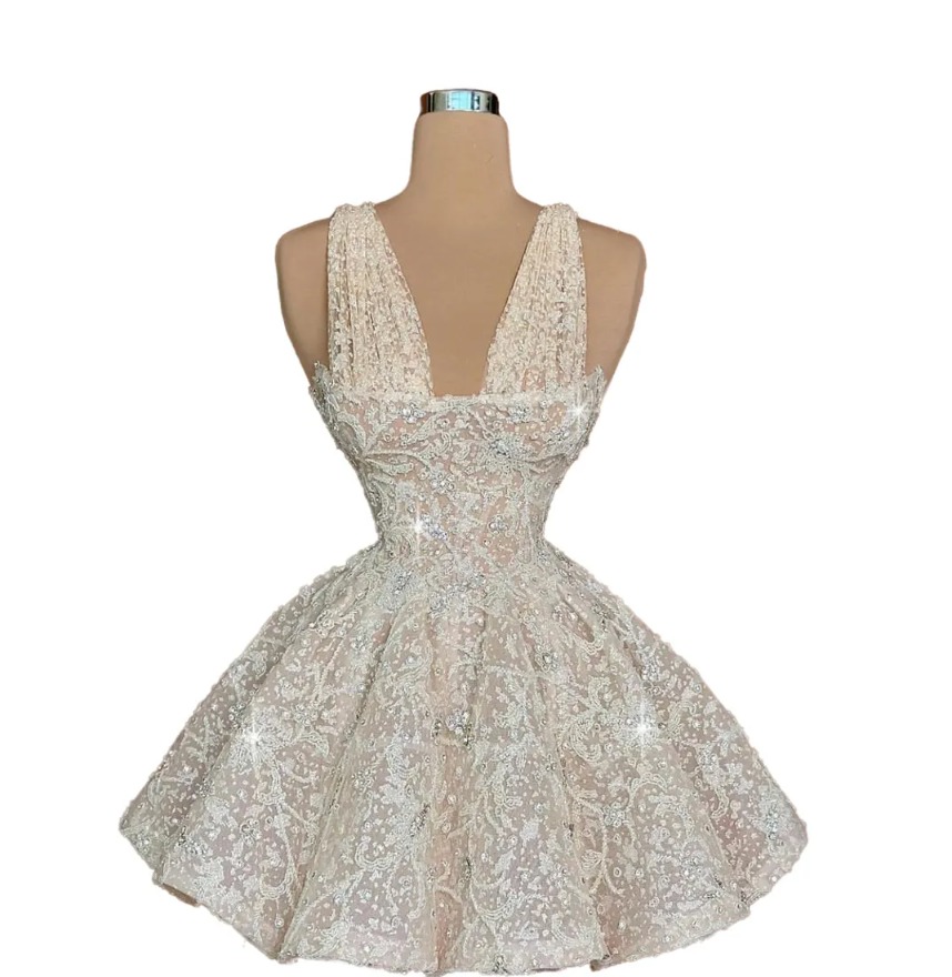 Champagne A-line Graduation Dress Beaded V-neck Lace Short Mini Homecoming Party Formal Cocktail Prom Bridesmaid Gowns Dresses
