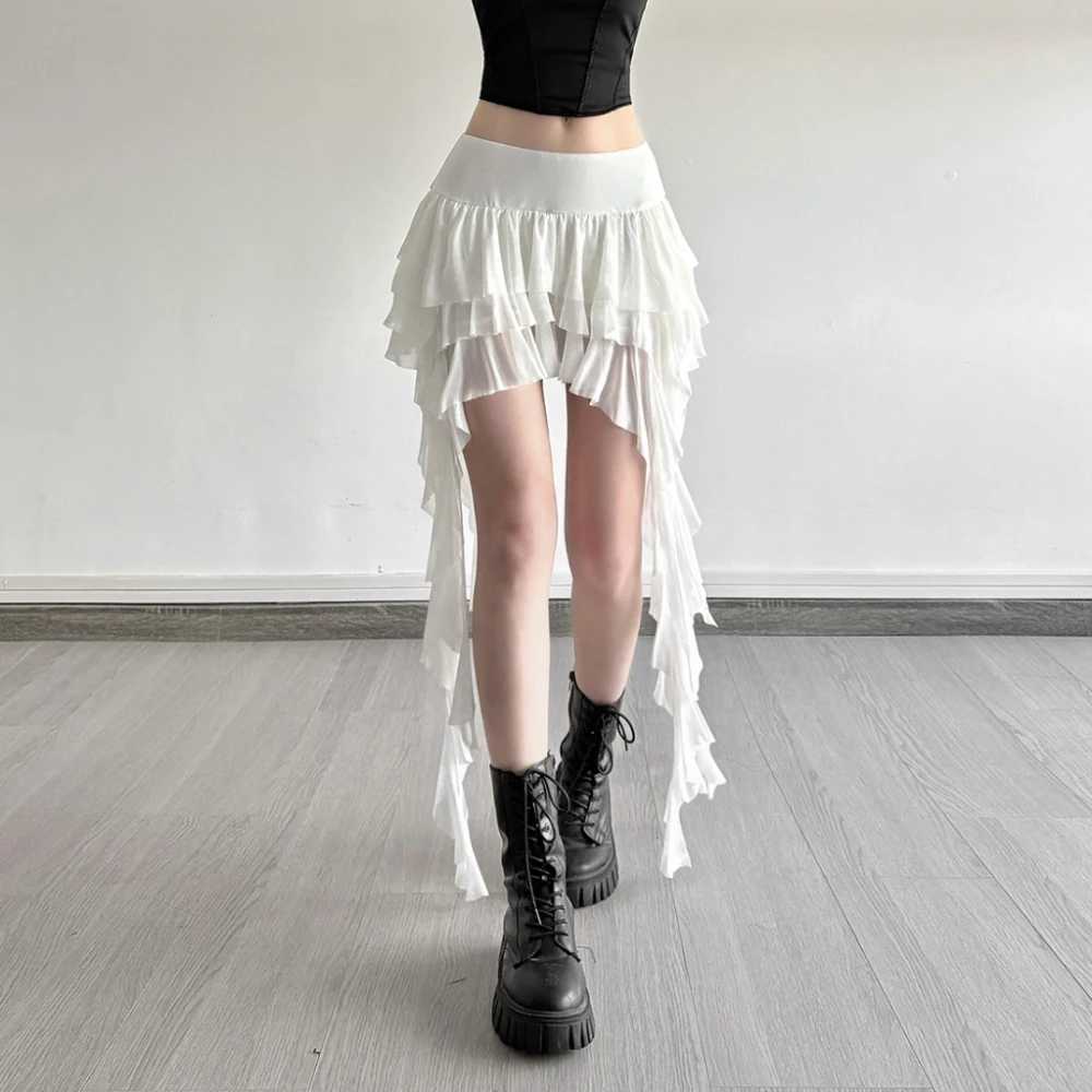 SylCue Ruched Elegant Mini Skirts Women Y2K Sweet Style Elastic Waist Ruffles Tassel Street Fashion Trend Solid Classic Outfits M260316