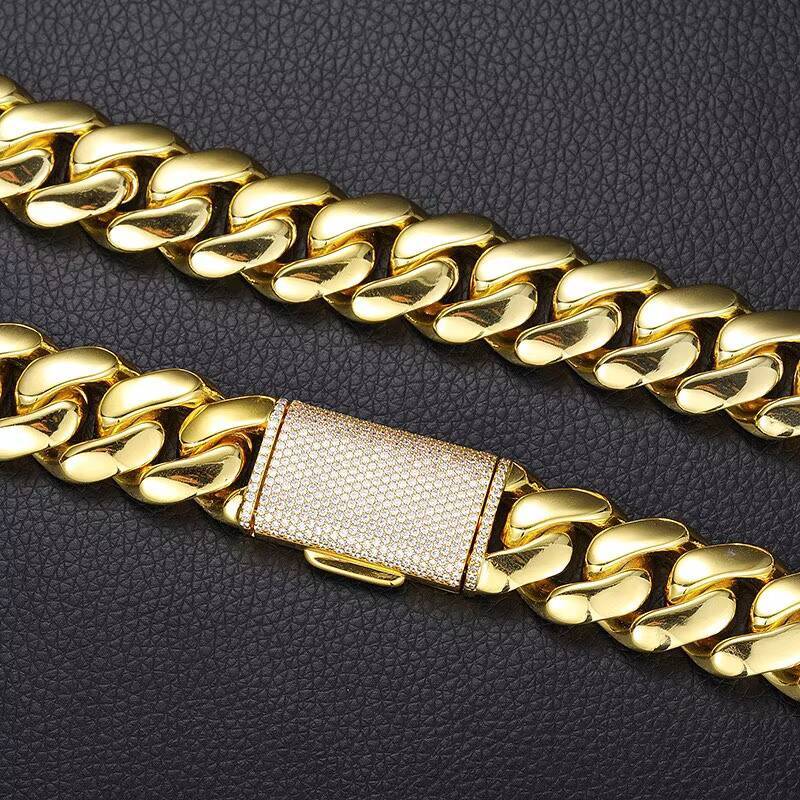 Gold Plated 14K Custom Moissanite Clasp 16mm 18mm Cuban Link Chain 925 Sterling Silver Hiphop Gift Party