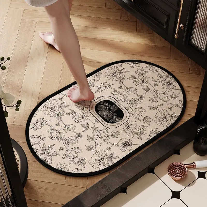 VIKAMA Vintage Pattern Oval Bathroom Mat Water Absorbent Quick Drying Non Slip Rug For Home Entryway And Washroom Floor Mat H260316