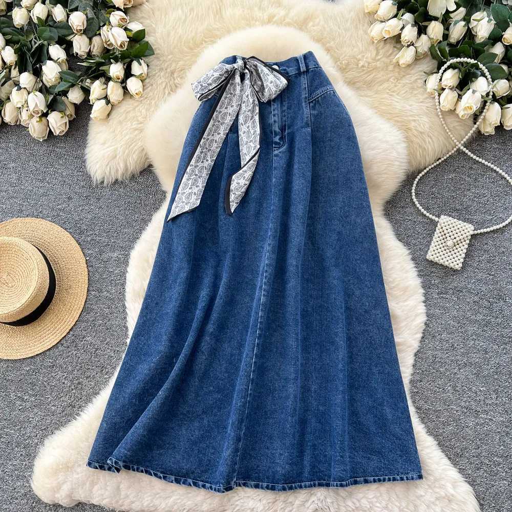 Women Solid Denim Skirts Scarve Skirt Ankle Lenth A Line High Waist Zipper Slight Strech Loose Fit Elegant Casual 2026 Spring M260316