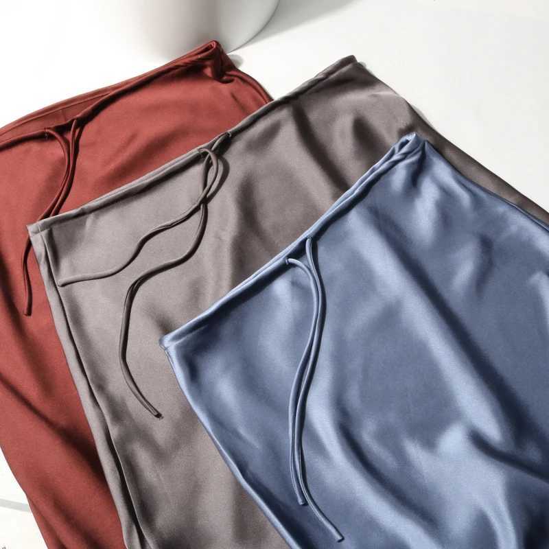 New In 2025 Womens Spring Summer Solid Color Satin Long Skirt High Waist Lace-up Trendy Elegant Faldas Female Beach Maxi Skirts M260316