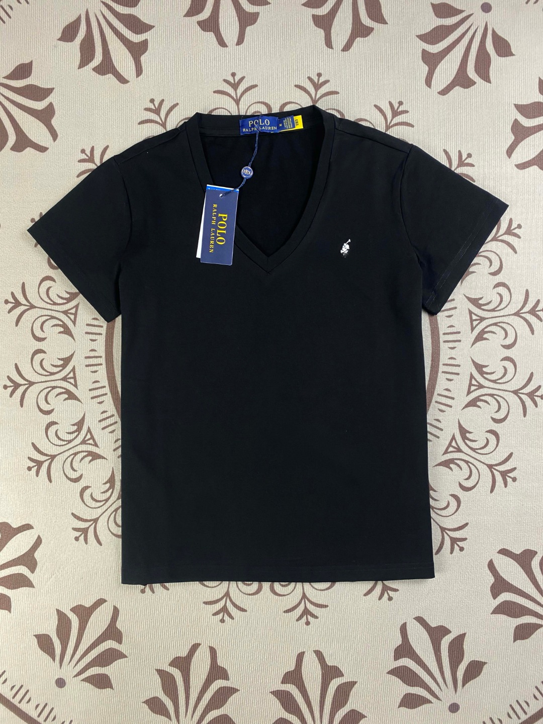 Designer Fashion RL Women's Pure Cotton Flat Neck V-neck Short Sleeve T-shirt Simple And Versatile Elegant Embroidered Short Sleeve