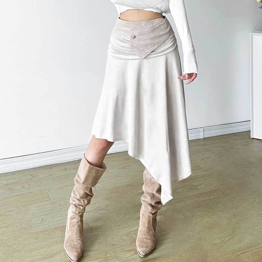 SylCue Casual Fashion Mid Skirts Woman Elastic Waist Ruched Irregular Hem Street Versatile Style Elegant SiMple Basic Bottoms M260316