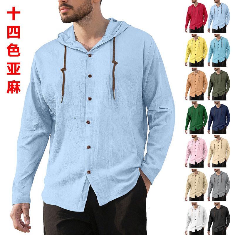 European Polo And American Men's Hooded Designer Hoodie Drawstring Cotton Linen Shirt Solid Designer T-shirt Color Loose Long Sleeve Casual Shirt Beach Jacket
