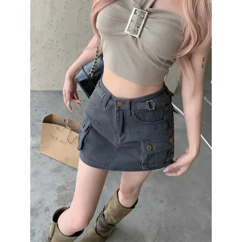 Khaki Cargo Denim Short dress Women American vintage A Word High Waist Skirt Gyaru Anti-exposure Hip-wrapped Culottes M260316