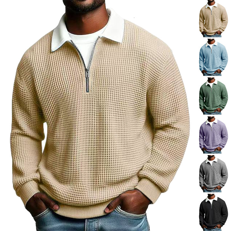 European And American Men's Solid Color Large Waffle Long Sleeve Autumn Casual Polo Sports Collar Zipper Designer Designer T-shirt Hoodie Polo Shirt