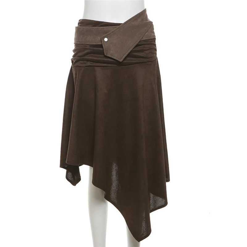 SylCue Casual Fashion Mid Skirts Woman Elastic Waist Ruched Irregular Hem Street Versatile Style Elegant SiMple Basic Bottoms M260316