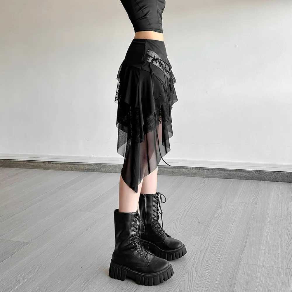 SylCue Mesh Patchwork Mini Skirts Women Elastic Waist Bandage Decoration Tierred Street Versatile Style Ruched Elegant Bottoms M260316