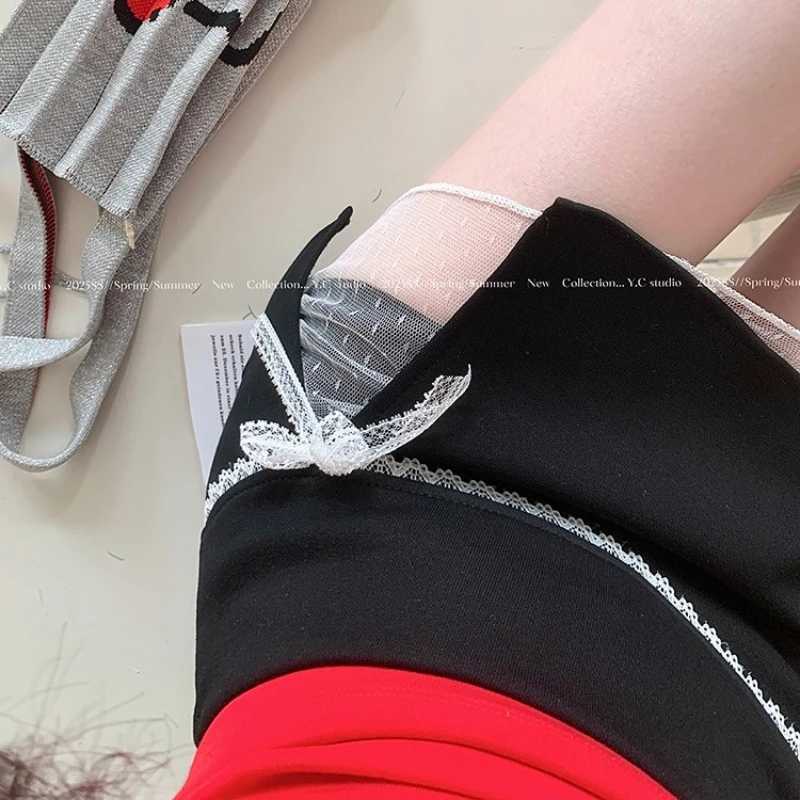 Mini Skirts Women Patchwork Lace Bow Hotsweet Summer A-Line Skirt with Safety Pants Fashion Side Slit Bodycon 2025 Lady Skirts M260316