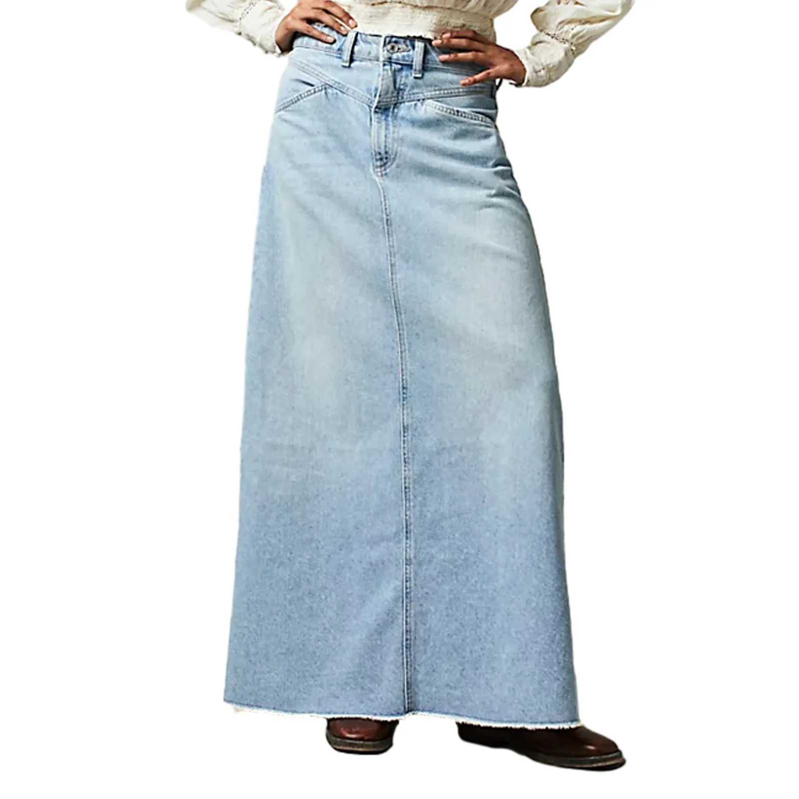 Long Skirts Denim Skirt Women Slim High Waist Straight Casual Jeans Streetwear Elegant Splice Blue Summer Button Pocket 2025 M260316
