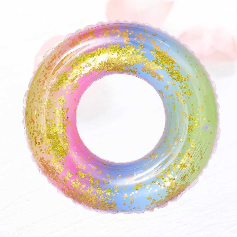 Sequins Translucent Gradient Rainbow Inflatable Swim Ring Safe Float Seat Ring Sports Accessory for Adults Women 70Cm Pool Beach M260316