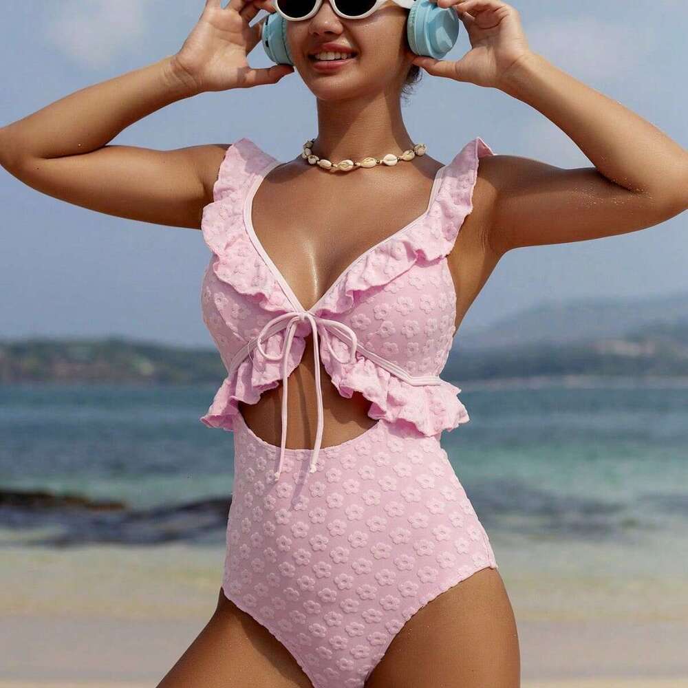 European And American Foreign Trade Plum Blossom Fabric Ruffled Sexy Hollow-Out Conservative One-Piece Swimsuit For Women Manufacturer Wholesale Luany