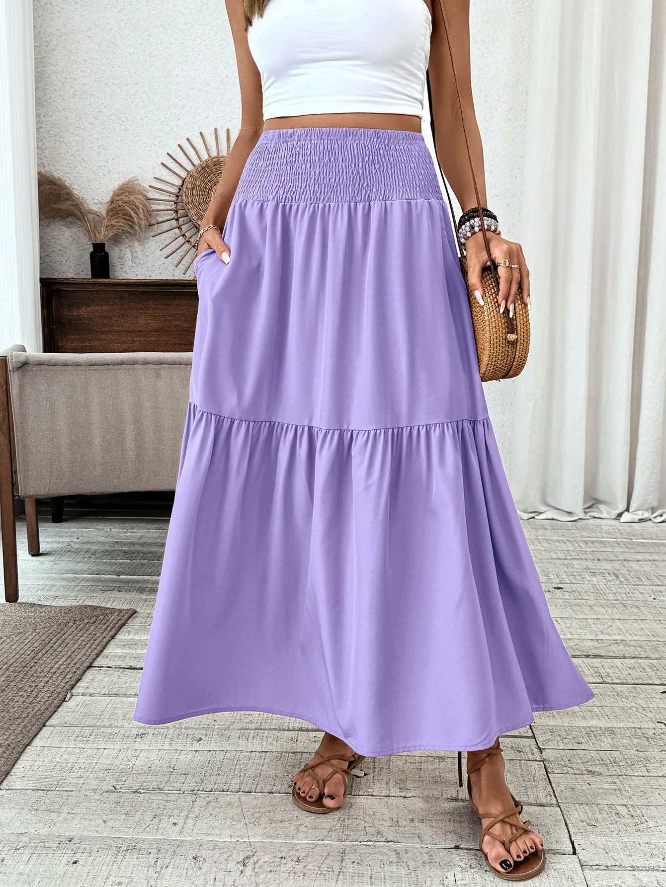 Womens Boho Skirt Elastic High Waist Pleated A-Line Flared Maxi Skirts Womens Flowy Long Skirts M260316