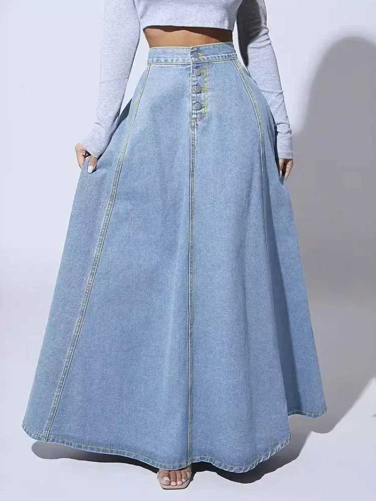 Denim Skirts Women Long Skirt A Line Single Breasted High Waist Jeans Vintage Maxi Simple Casual Elegant Splice Y2k Streetwear M260316