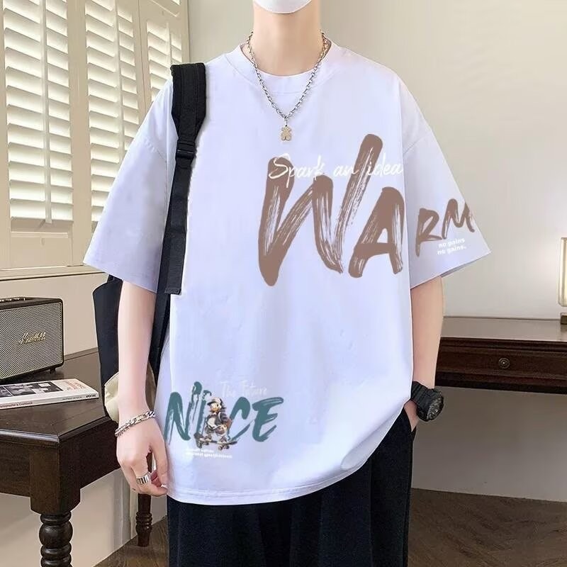 2026 Summer Cotton Short Sleeve T-Shirts for Men, American Ins Style Loose Fit Tees, Plus Size Basic Tops, Trendy Brand