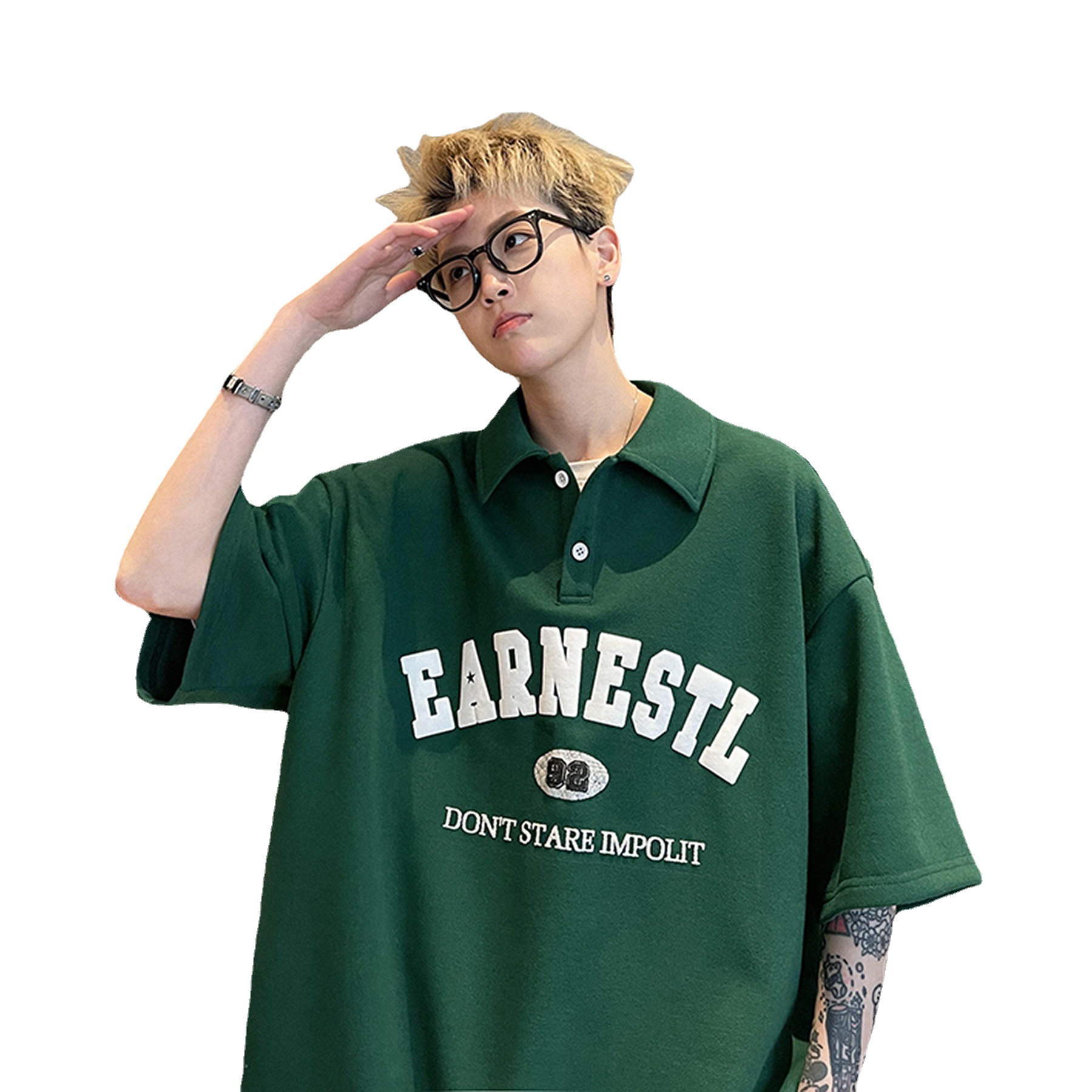 Men's Summer Short Sleeve Polo Shirts, American High Street Trendy Brand Printed Versatile Loose Casual Half Sleeve Tees fyyw
